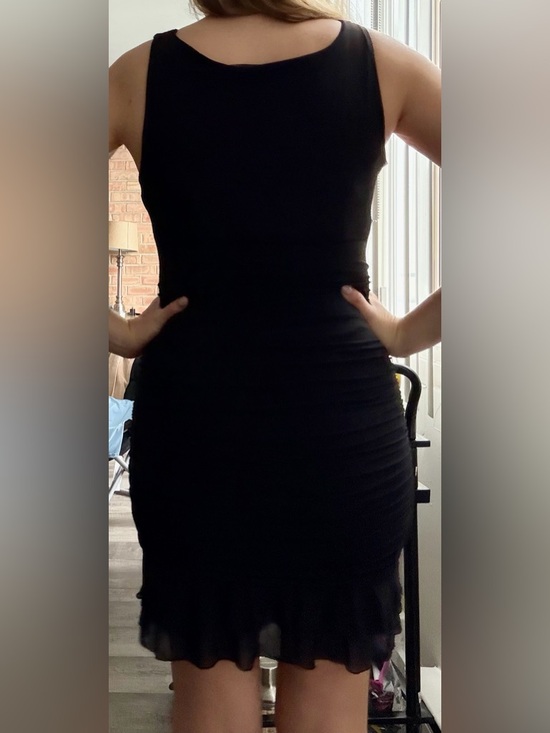 HOCILLE Black Boat Neck Bodycon Ruffle Hem Mini Dress - Picture 12 of 12